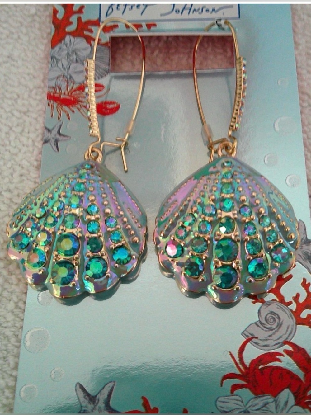 New Betsey Johnson Iridescent Shell Drop Earrings with Aqua Crystals - Picture 6 of 11